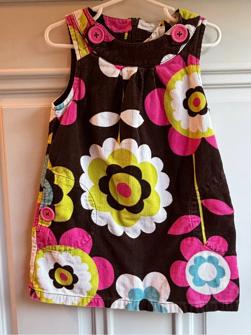 Mini Boden Girls Floral Corduroy Pinafore Dress - Brown & Pink
